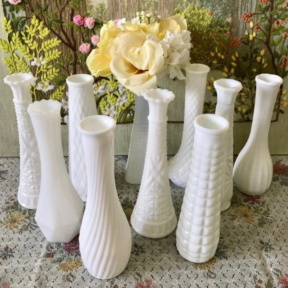 Lot of vintage milk glass bud vases tall & short
